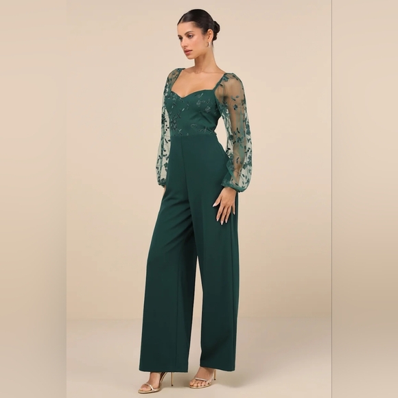 Lulus Darling Charisma Emerald Mesh Embroidered Jumpsuit M Wedding Party Evening - Picture 3 of 10